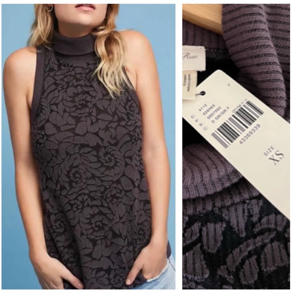 Anthropologie Meadow Rue Sleeveless Burnout Ribbed Floral Mockneck Top NWT